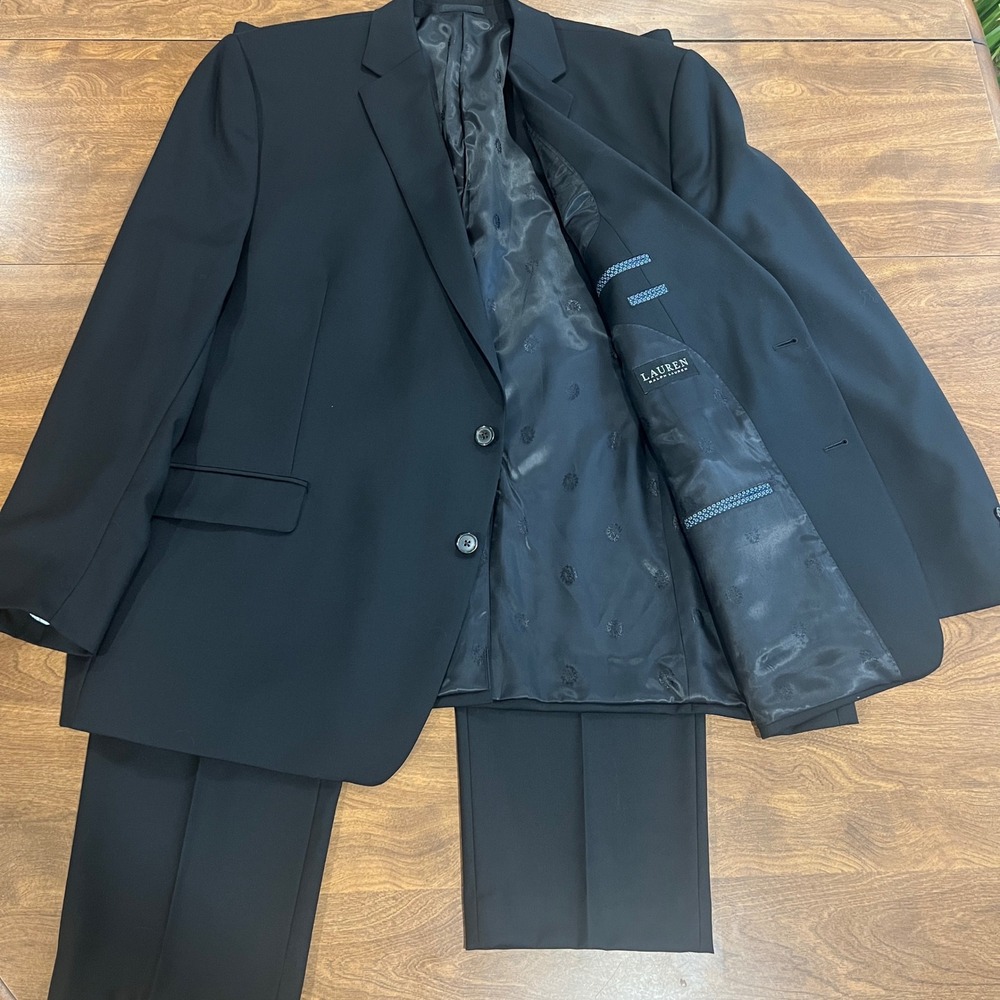Lauren Ralph Lauren Mens Black Wool Suit 52L Jacket 40W x 30L Flat Front Pants